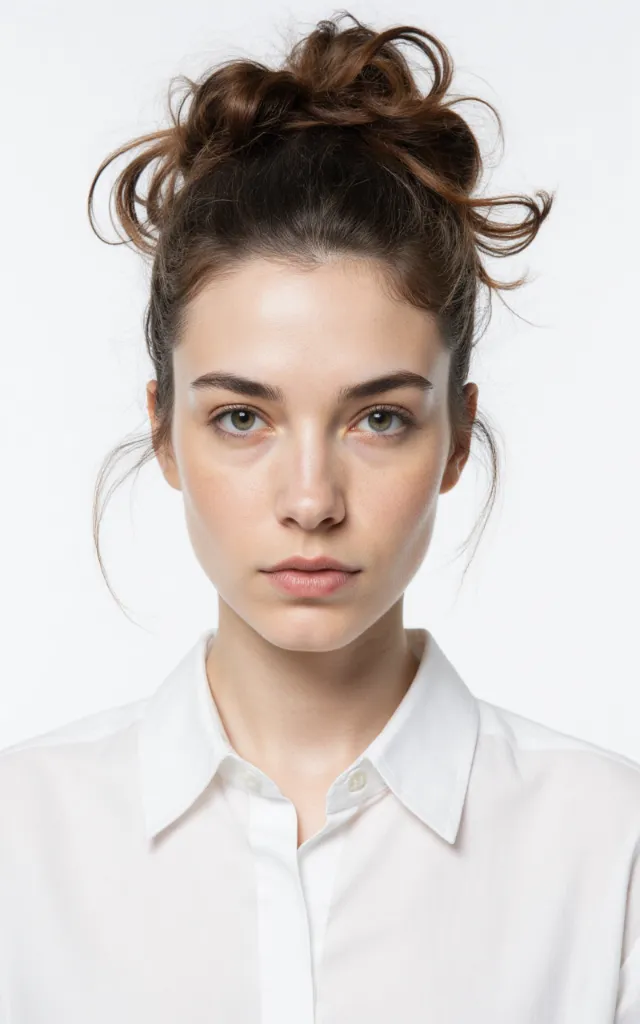 A French female model with a Messy bun, wearing a shirt, against a white background, in a front   facing bust portrait